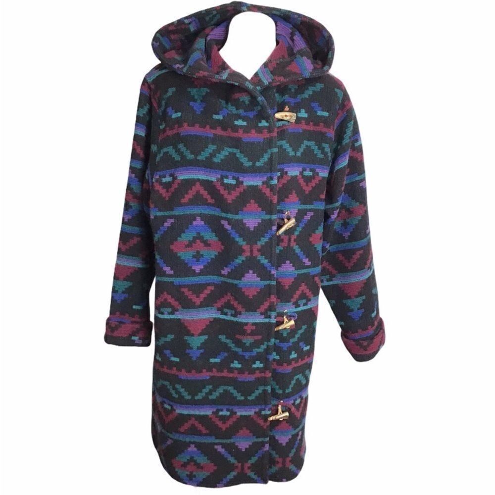 Woolrich Black Longline Aztec Print Hooded Overcoat Size Medium Made In USA